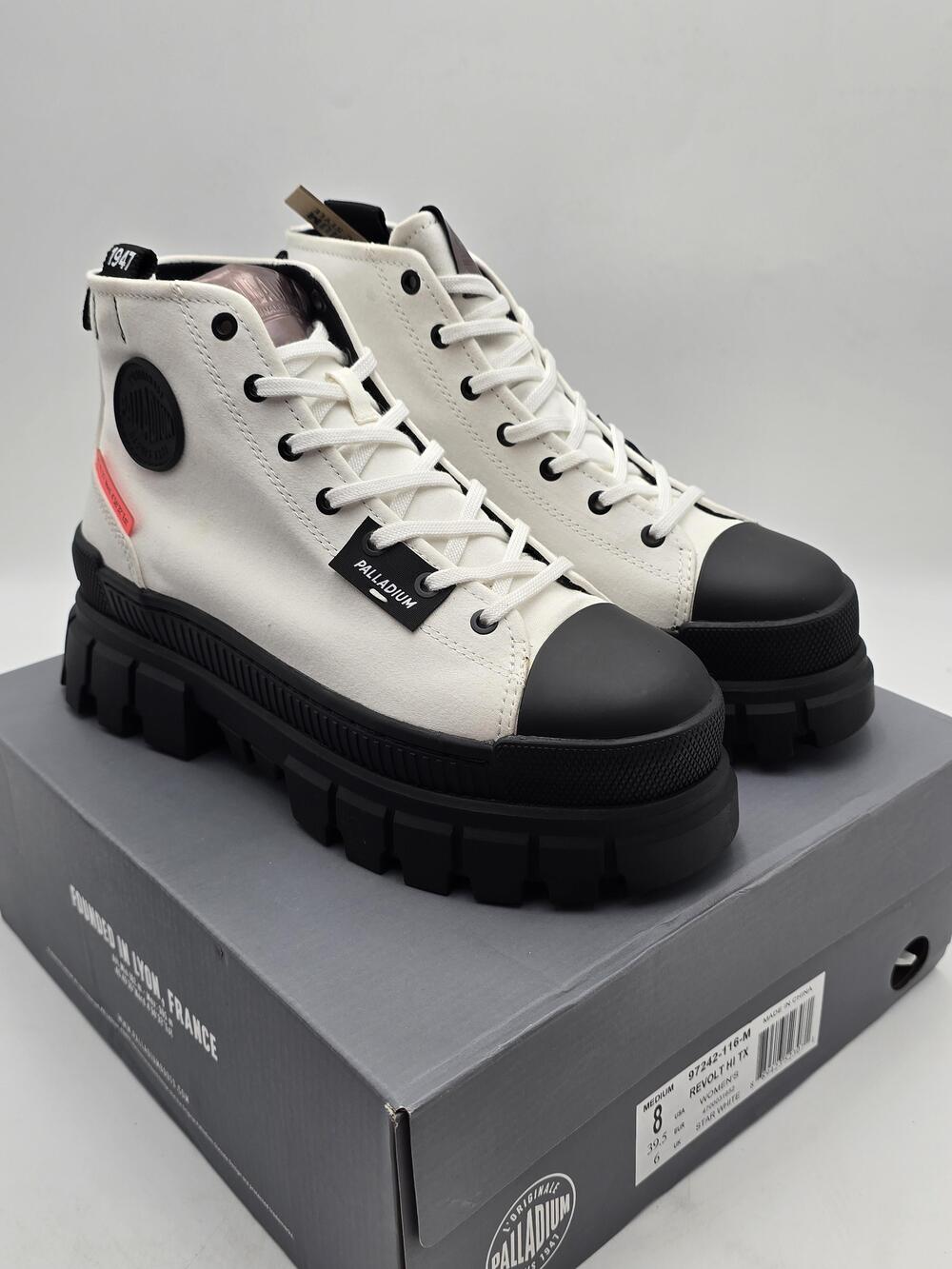 Palladium Revolt Hi TX Boots Womens Size 8 White Platform Ankle Lug Sole Shoes